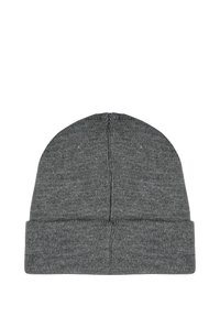 Szara dzianinowa czapka beanie z podwijanym mankietem, gładką teksturą i zaokrąglonym wierzchem. Wykonana z elastycznego materiału, idealna na zimowe dni.