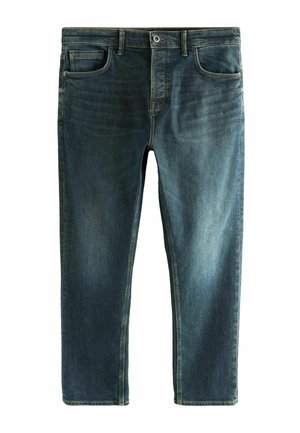 Dżinsy w kolorze ciemnoniebieskim z wyblakłym wykończeniem. Cechy obejmują pięciopocketowy design, szlufki na pasek i prostą nogawkę.