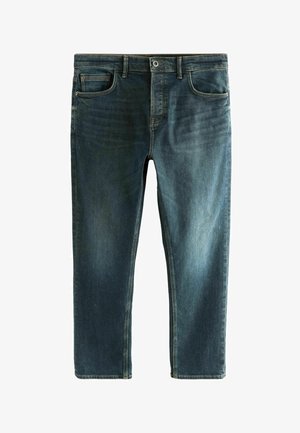 Jeans de denim en azul oscuro con un acabado desgastado. Las características incluyen un diseño de cinco bolsillos, pasadores para el cinturón y un corte recto.