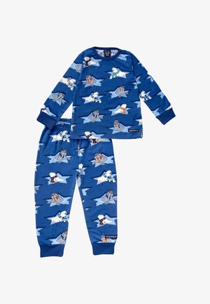 Kaksiosainen lasten pyjama-setti sinisenä, jossa on jääkarhuja ja hylkeitä. Valmistettu pehmeästä puuvillasta, pitkät hihat ja joustava vyötärö.