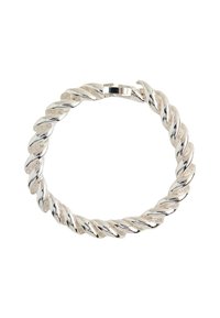 Silver twisted chain bracelet with a glossy finish and a secure clasp. Features a continuous rope-like design with smooth edges.