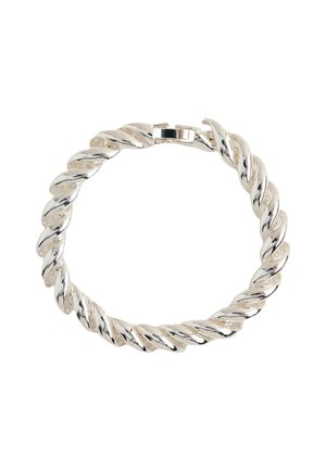 Silver twisted chain bracelet with a glossy finish and a secure clasp. Features a continuous rope-like design with smooth edges.