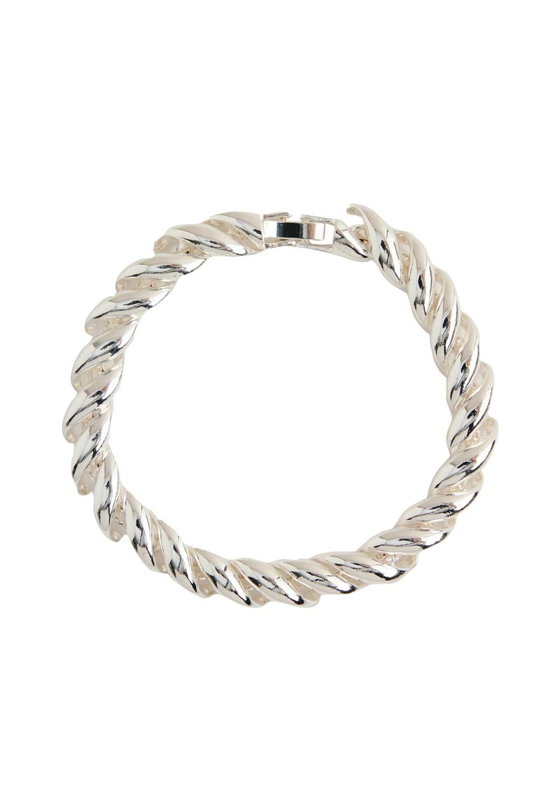 Silver twisted chain bracelet with a glossy finish and a secure clasp. Features a continuous rope-like design with smooth edges.