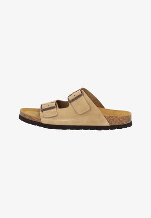 Beige suede slide sandal with two adjustable straps, dark brown sole, and cork footbed. Simple design with a flat profile.