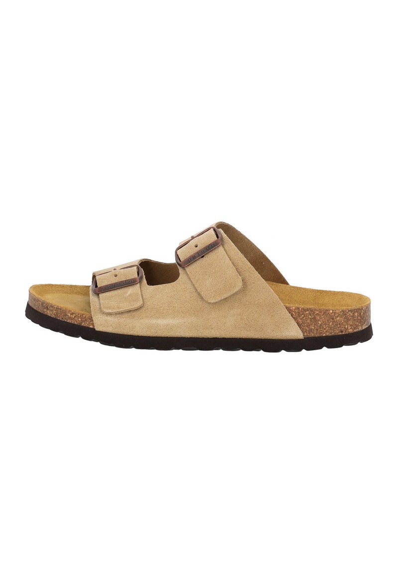 Sandalia deslizante de ante beige con dos correas ajustables, suela marrón oscuro y plantilla de corcho. Diseño sencillo con un perfil plano.