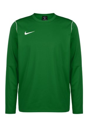 Groen langekleurig sportshirt met lange mouwen, gemaakt van glad synthetisch materiaal, met een wit Nike-logo op de linkerborst en contrasterend witte stiksels.