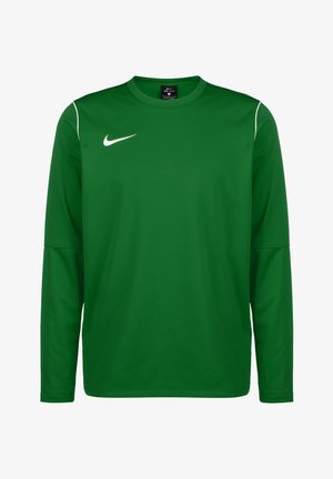Grünes langärmliges Sportshirt aus glattem Synthetikstoff mit einem weißen Nike-Logo auf der linken Brust und kontrastierenden weißen Nähten.