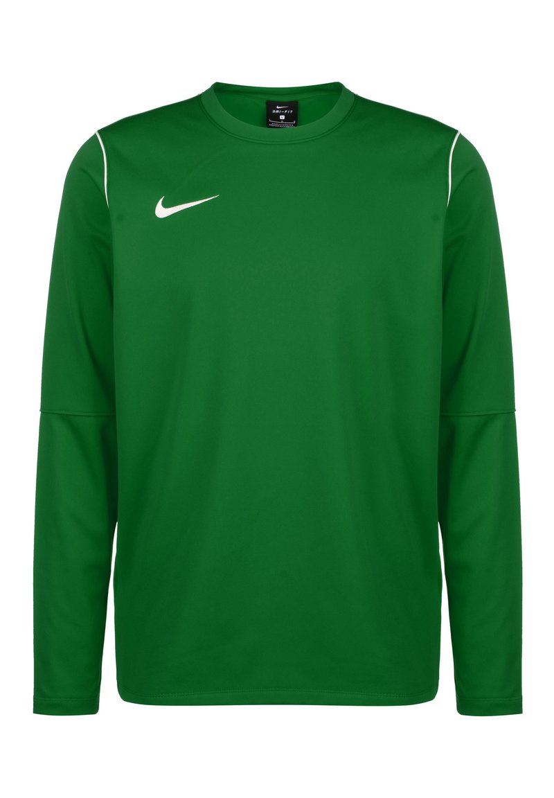 Grünes langärmliges Sportshirt aus glattem Synthetikstoff mit einem weißen Nike-Logo auf der linken Brust und kontrastierenden weißen Nähten.