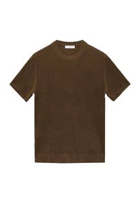 T-shirt in maglia marrone a maniche corte con collo rotondo, caratterizzato da una finitura testurizzata e un orlo dritto. Senza loghi o motivi visibili.