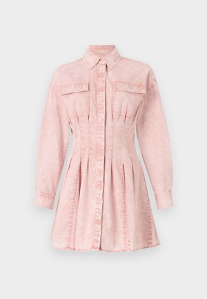 Pink denim shirt dress with long sleeves, collar, button closure, two chest pockets, and pleated skirt detail for a fitted silhouette.
