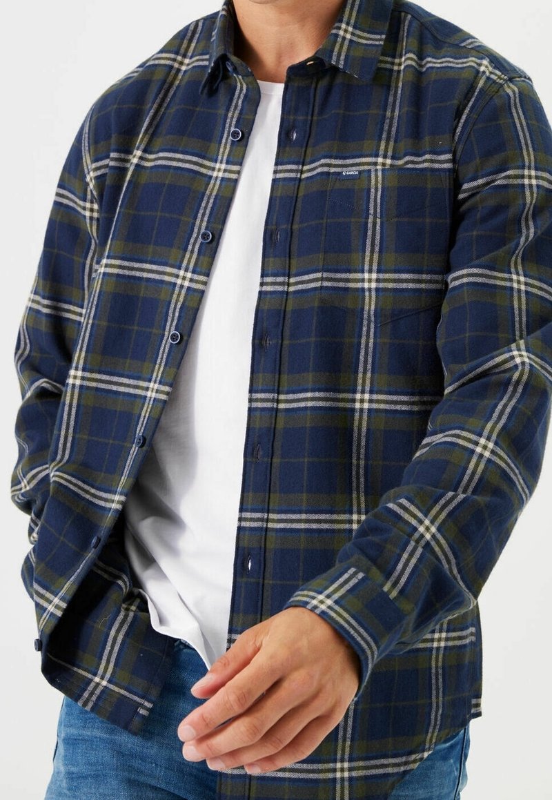 Mörkblå och grön rutigt flanellskjorta med vita detaljer, knäppning fram, krage och en enkel bröstficka. Buren över en vit t-shirt.