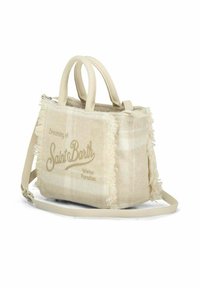Sac en toile à carreaux beige avec des bords à franges, doubles poignées, bandoulière réglable, et le texte "Rêver du paradis d'hiver à Saint Barth."