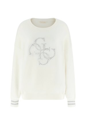 Maglione bianco con vestibilità ampia, caratterizzato da un logo decorativo in strass e da dettagli a righe grigie sui polsini. Morbido tessuto a maglia.
