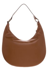 Sac à main en cuir marron en forme de croissant avec une seule bandoulière et des fermoirs en métal doré.