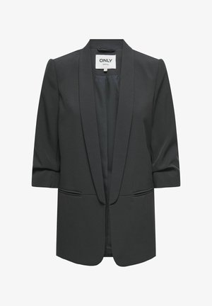 Blazer noir sur mesure avec manches trois-quarts, col châle, poches passepoilées à l'avant, et ouverture devant, signé ONLY Tailoring.