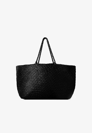 Schwarze gewebte Leder-Umhängetasche mit doppelten geflochtenen Griffen, geräumiger rechteckiger Form und strukturiertem Muster.