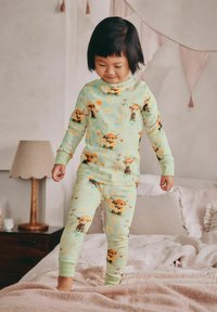 Børns pyjamas lavet af glat stof i lys mintgrøn, med et kødmønster i orange og brun. Lange ærmer og tætsiddende bukser.