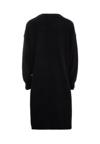 Abito maglione nero oversize con maniche lunghe, scollatura rotonda e orlo a coste. Tessuto morbido, design semplice e lunghezza al ginocchio.