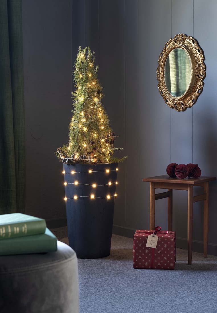 Hohe Topfpflanze mit immergrünem Laub und Lichterkette, rot eingepacktes Geschenk auf dem Boden, hölzerner Beistelltisch mit roter Dekoration und verziertem goldenen Wandspiegel.