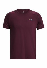 Camiseta atlética burdeos con cuello redondo, mangas cortas y un acento de logo reflectante. Fabricada con un tejido liso y ligero.