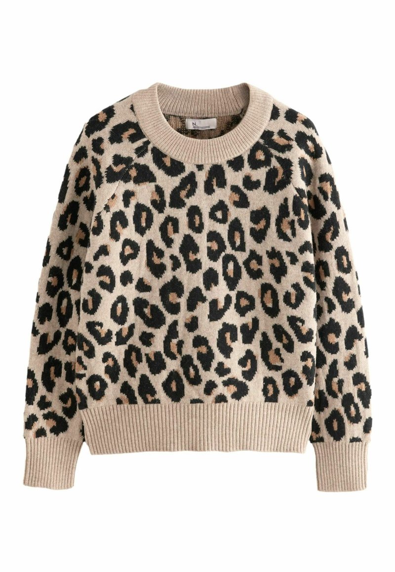 Pull beige à manches longues avec imprimé léopard noir et marron, col rond côtelé, poignets et ourlet.