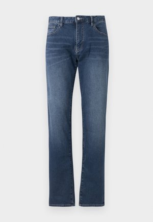 Dark blue denim jeans with a straight leg design, featuring a front button closure, belt loops, and subtle stitching details.