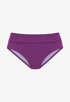 Paarse hoge taille bikinibroek gemaakt van rekbaar materiaal. Kenmerkt zich door een gladde textuur en contrasterende witte voering bij de beenopeningen.