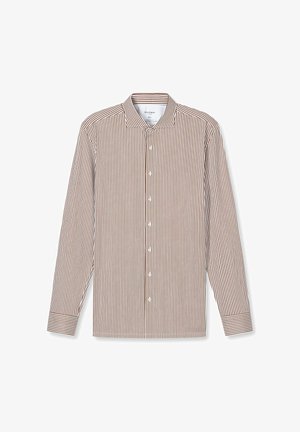 Braun-weiß gestreiftes, langärmeliges Hemd mit durchgehender Knopfleiste und klassischem Kragen, flach auf weißem Hintergrund dargestellt.
