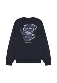 Μπλούζα φούτερ σε ναυτικό μπλε χρώμα με γραφικό απεικόνισης στοιβαγμένων κούπες καφέ και κείμενο, με ριμπ μανσέτες και τελείωμα. Κατασκευασμένη από βαμβακερό μείγμα, με casual σχεδιασμό.