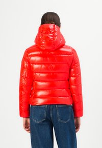 Persoon met donker haar in een staart, gekleed in een glanzende rode pufferjack met capuchon en blauwe jeans, staand met de rug naar de kijker gekeerd.