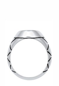 Silver ring features a smooth, rounded top with a twisted band design. Textured accents and black grooves add detail to the surface.