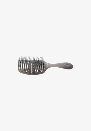 Gray detangling hairbrush with a wide rectangular head, flexible bristles, and a smooth handle, designed for easy hair maintenance.