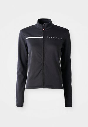 Schwarze Radsportjacke mit langen Ärmeln, durchgehendem Reißverschluss, hohem Kragen, weißem horizontalem Streifen und "Castelli"-Logo auf der Brust.
