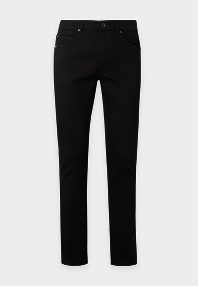 Jeans neri slim fit con chiusura a bottone e cerniera, tasche anteriori e posteriori, mostrati su uno sfondo chiaro uniforme.
