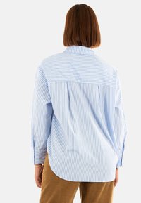 Camicia a maniche lunghe a righe blu chiaro e bianche con colletto button-down, caratterizzata da pieghe sul retro e maniche con polsini.