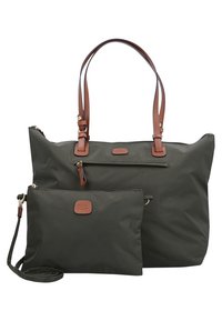 Sac en nylon vert foncé avec des accents en cuir marron, doté de deux poignées et d'une petite pochette amovible avec fermeture éclair.