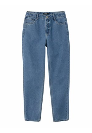 Lichtblauwe denim jeans met een rechte snit, enkele knoopsluiting en een vijfzakkenontwerp. Voorzien van zichtbare stiksels en gegespte boorden.