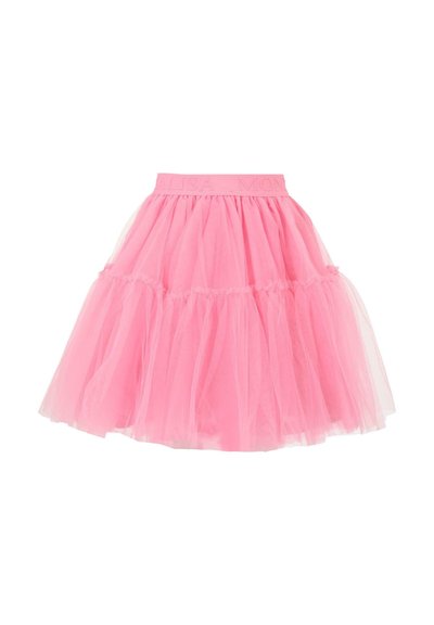 Gonna in tulle rosa con design a strati, cinturino elastico con testo in rilievo e silhouette svasata. Texture leggera e ariosa.