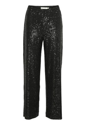 Schwarze Pailletten-Hose mit geradem Bein, ausgestattet mit einem glatten Bund und einer strukturierten Oberfläche, die mit reflektierenden Pailletten bedeckt ist.