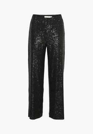 Fekete flitteres nadrág egyenes szabással, sima derékpánttal, és egy texturált felülettel, amely tükröző flitterekkel van borítva.