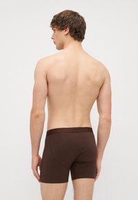 Prunnid poksidega aluspesu sujuva tekstuuriga ja elastse vöökohtaga, vaadatuna tagant. Modellil on lühikesed lokkis juuksed ja ta näitab nahka.