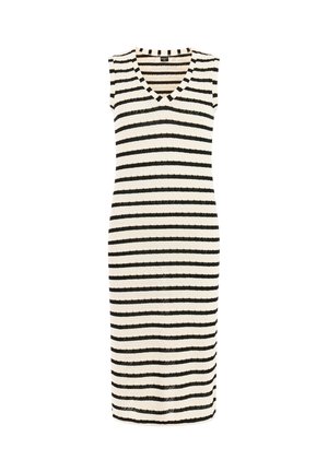 Robe mi-longue sans manches en maille avec des rayures horizontales noires et blanches et un décolleté en V.