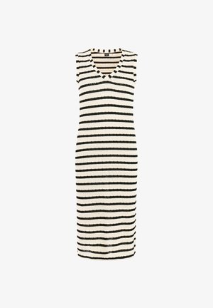 Bezrukávové pletené midi šaty s čierno-bielymi horizontálnymi pruhmi a výstrihom do V.