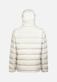 Uppblåst vit jacka med huva, med fyrkantig design, mjuk textur och en avslappnad passform. Bakvyn visar den höga kragen och sömlös finish.