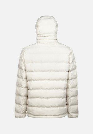 Giacca bianca gonfiabile con cappuccio, caratterizzata da un design trapuntato, texture morbida e vestibilità comoda. La vista posteriore mostra il colletto alto e la finitura senza cuciture.