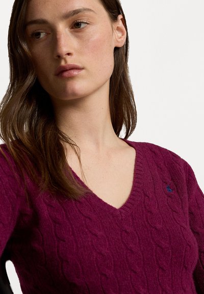 Polo Ralph Lauren CABLE KNIT WOOL CASHMERE V-NECK SWEATER - Pulóver - plum heather