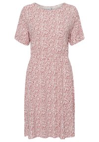 Šaty s krátkými rukávy v světle červené barvě s bílým květinovým vzorem. Volný střih, kulatý výstřih, nařasený pas, délka ke kolenům, vyrobené z měkké tkaniny.