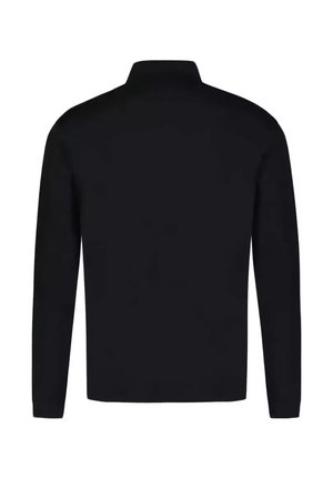 Polo a maniche lunghe nera con colletto alto, realizzata in tessuto liscio con una texture uniforme, senza motivi o dettagli visibili.