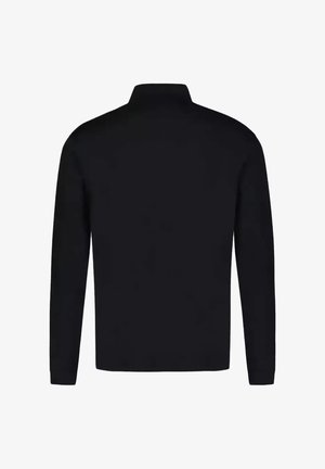 Polo a maniche lunghe nera con colletto alto, realizzata in tessuto liscio con una texture uniforme, senza motivi o dettagli visibili.