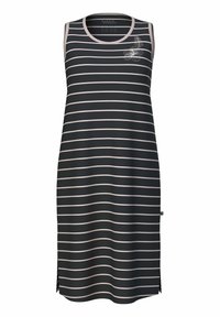 Abito senza maniche di un blu navy scuro con strisce orizzontali grigio chiaro. Presenta una grafica floreale sul petto e spacchi laterali per facilitare il movimento.